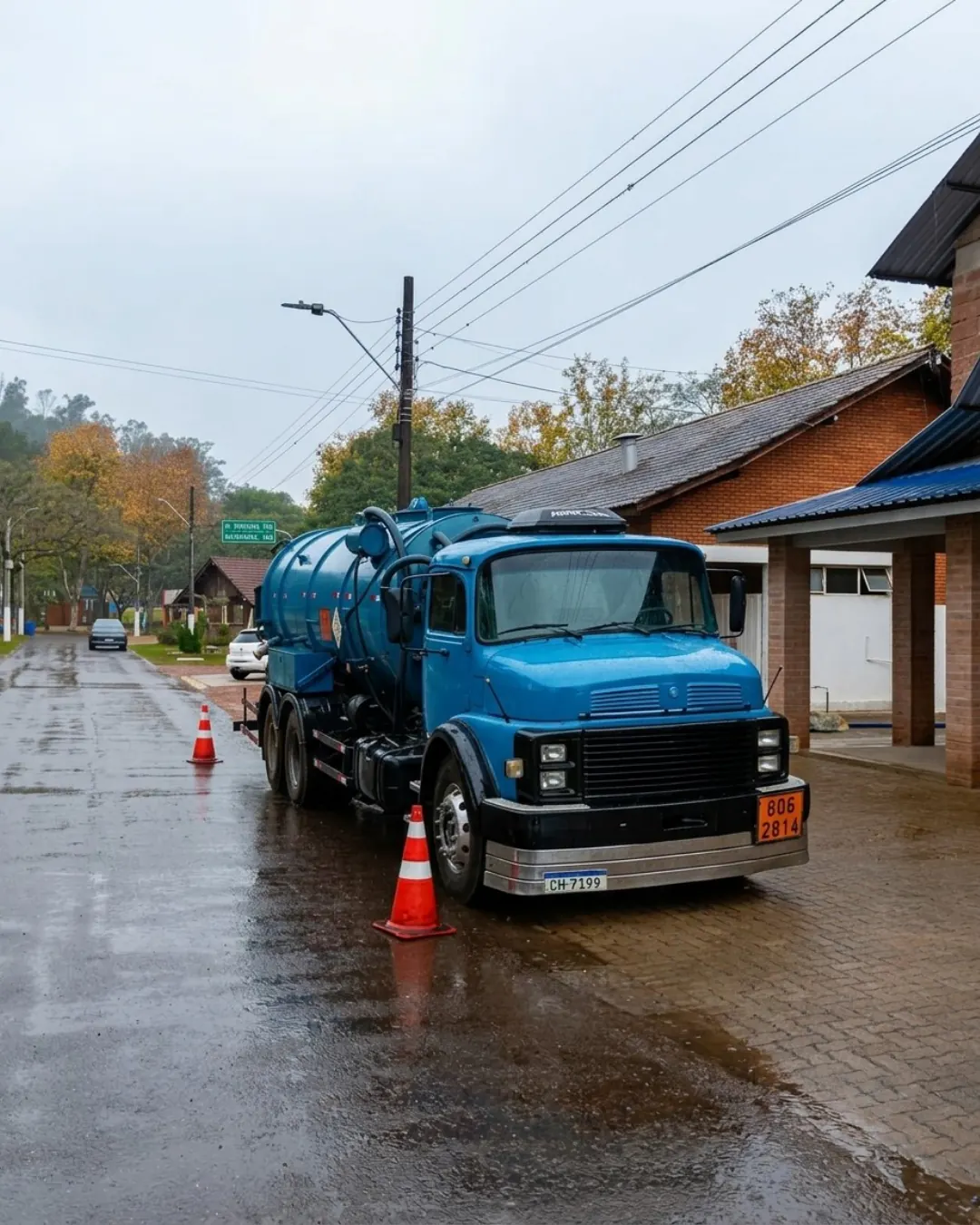 Caminhão auto vácuo azul sinalizado em via urbana