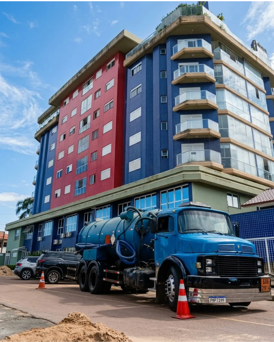 Caminhão auto vácuo azul sinalizado diante de edifício